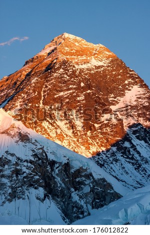 Last rays of sunlight on summit of Mt. Everest, Khumjung, Solu Khumbu, Nepal.