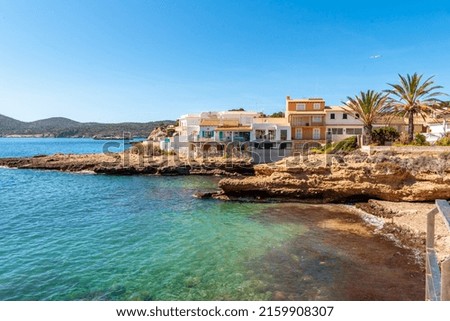 Mallorca island, beach in Sant Elm. Seashore, azure sea and buildings Photo stock © 