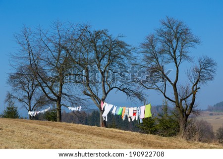 Laundry drying on trees.