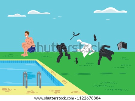 Very happy young man wearing swimwear and jumping into a pool after taking off his work clothes and throwing it away