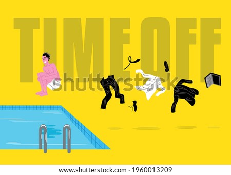 Vector illustration of a happy young man, on an isolated yellow background, wearing swimwear and jumping into a pool, after taking off his work clothes and throwing it away; with the text: Time off.