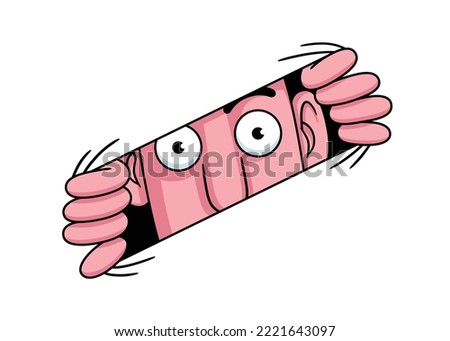 Funny cartoon style vector illustration of a person's face who is looking through an elastic opening, which he has opened with his hands, on an isolated white background.