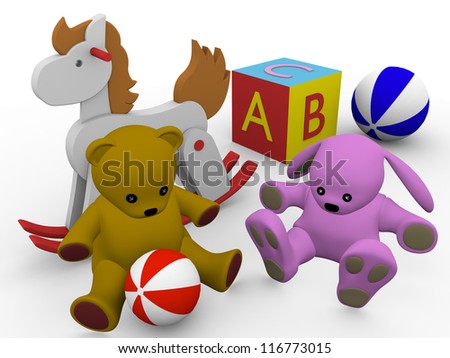 Classic toys. Balls, bear, cube, rabbit an horse