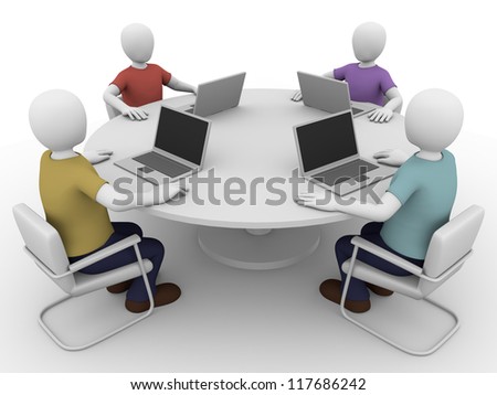 Four people sitting in a business meeting with notebooks.