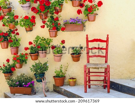 Rustic wooden chair painted in red surrounded of geranium pots. Spain