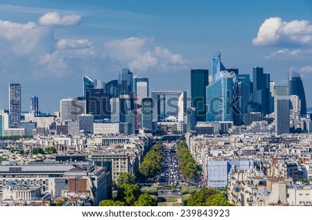 Skyline of business district of Paris, La Defense. Modern architecture