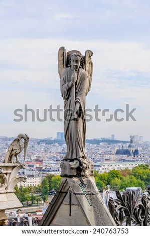 An Angel is playing an horn in the cathedral of Notre Dame, Paris, France
