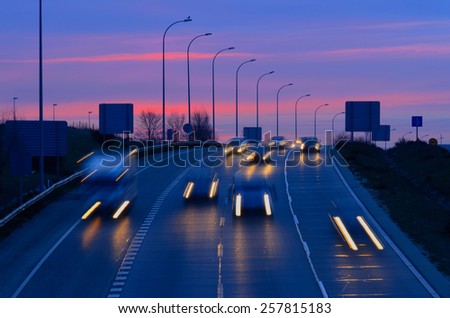 Traffic. Morning traffic in an spanish road. Night transport and travel concept