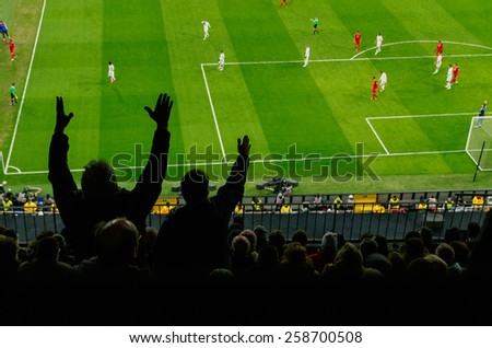Soccer fans in a match. Furious spectators complaint about a bad decision of the referee. soccer supporters excitement
