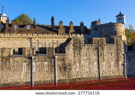 LONDON, UK / 09.11.2014 - Field of ceramic poppies around the Tower of London on Remembrance Day