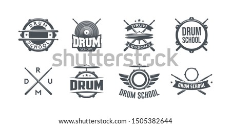 Vector logo of drum school. Logotype, symbol, icon, graphic, vector. Rock music. Drumkit tools. Isolated on white background.