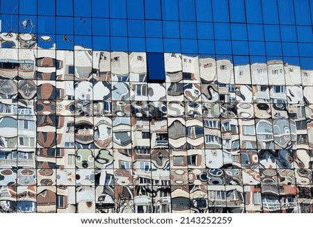 Sofia, Bulgaria April 2022. Reflection of a residential building in a glass facade. ストックフォト © 