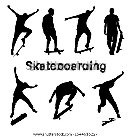 Big set of black skateboarder silhouettes. Skate trick ollie. Skateboarder is rides, pushes off the ground, jumping, standing on the board. Guy with the skateboard. Grunge style textured text.

