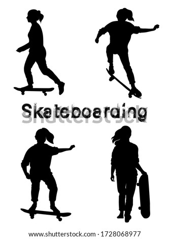 Set of black skate girl silhouettes. Skate trick ollie. Skateboarder is rides, pushes off the ground, jumping, standing on the board. Isolated vector illustration. Grunge style textured text.
