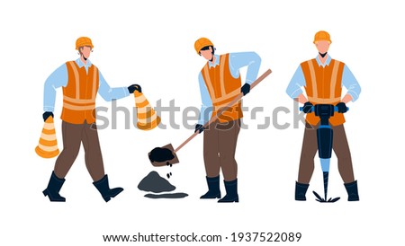 Road Worker Repairing Street Infrastructure Vector. Road Worker In Uniform Carrying Cones, Drilling And Patching Hole In Asphalt. Characters Builders Working Together Flat Cartoon Illustration