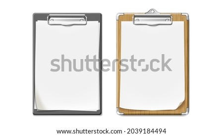 Clip Board With Wooden And Plastic Desk Set Vector. Clip Board With Blank Paper List Sheet Attached, Checklist For Writing Task And Drawing Creative Image. Clipboards Mockup Realistic 3d Illustrations