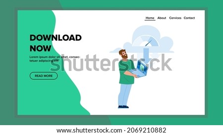 Man Download Now Files From Cloud Storage Vector. Man Technology User Online Download Now Digital Document And Media From Internet With High Speed. Character Web Flat Cartoon Illustration