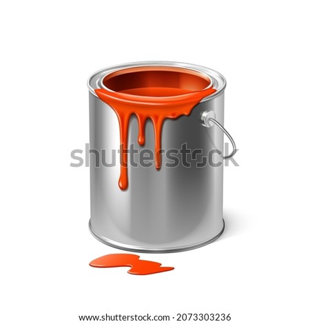 Paint Dripping Down From Bucket Package Vector. Paint Spilling From Blank Metallic Container. Painter Liquid For Make Renovation, Artist Accessory For Painting Template Realistic 3d Illustration Foto stock © 
