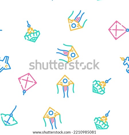 Flying Kite Children Funny Toy vector seamless pattern thin line illustration