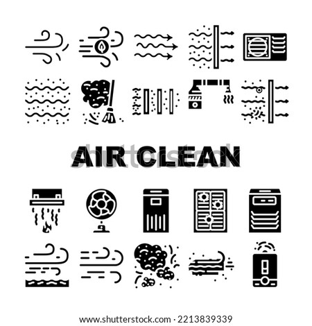 air clean flow freash wind filter icons set vector. conditioner dust cold nature, technology home, cool system, purification bacteria air clean flow freash wind filter glyph pictogram Illustrations