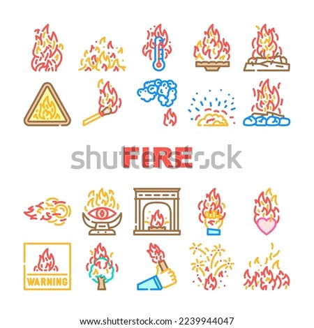 flame hot fire burn bonfire heat icons set vector. red danger, light orange, campfire energy fiery element glow, hell flammable inferno flame hot fire burn bonfire heat color line illustrations