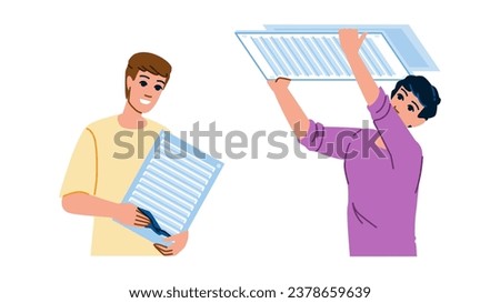home cleaning air vent vector. maintenance grille, hvac system, dirty filter home cleaning air vent character. people flat cartoon illustration