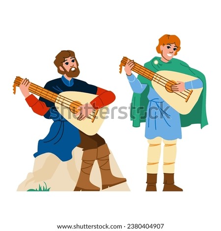 medieval trubadour playing lute vector. musician bard, minstrel instrument, performance performer medieval trubadour playing lute character. people flat cartoon illustration