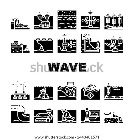 wave energy plant power icons set vector. source city, green solar, dam electricity, oil biomass, electric line, wind wave energy plant power glyph pictogram Illustrations