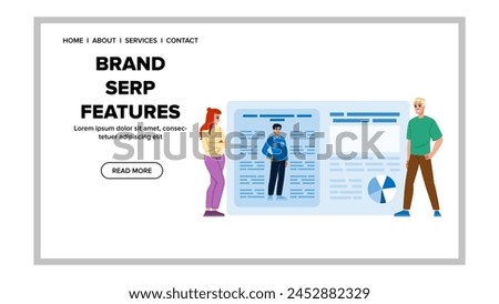 search brand serp features vector. engine results, page snippet, panel carousel search brand serp features web flat cartoon illustration