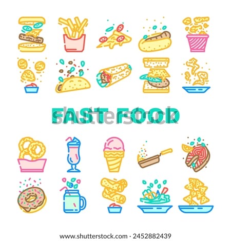 fast food hamburger restaurant icons set vector. burger drink, pizza meal, lunch menu, sandwich unhealthy chicken junk, fastfood soda fast food hamburger restaurant color line illustrations