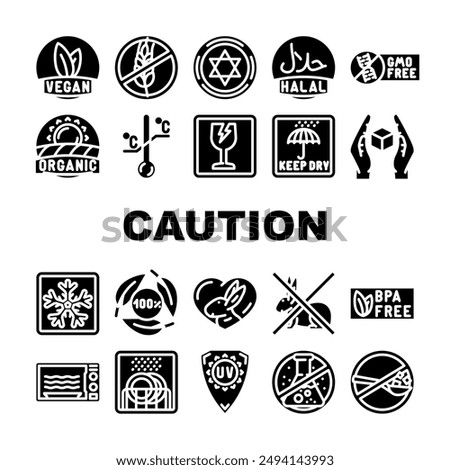 product caution label warning icons set vector. vegan, gluten free, fair trade, temperature sensitive, kosher, halal, gmo free product caution label warning glyph pictogram Illustrations