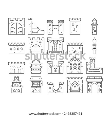 Castle Construction Collection Icons Set Vector. Medieval Castle Goal And Bridge, Tower And Wall, Aqueduct And Window, Destroyed Wall And Arch Black Contour Illustrations