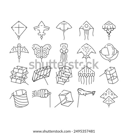 Flying Kite Children Funny Toy Icons Set Vector. Flying Kite In Airplane And Rocket Shape, Jellyfish And Fish Form, Stingray And Butterfly. Outdoor Game Enjoying Black Contour Illustrations