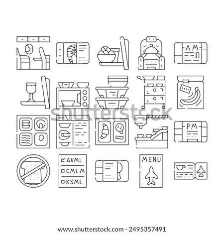 Airline Food Nutrition Collection Icons Set Vector. Armchair With Table For Airline Food And Microwave, Alcohol And Business Class Lunch Black Contour Illustrations