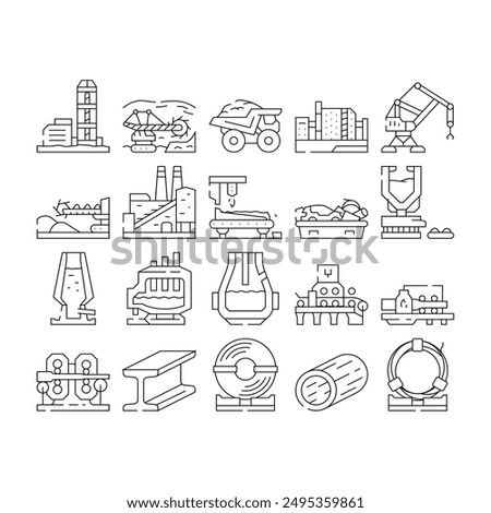 steel production industry metal icons set vector. factory plant, foundry metallurgy, manufacturing mill, furnace work, technology steel production industry metal black contour illustrations