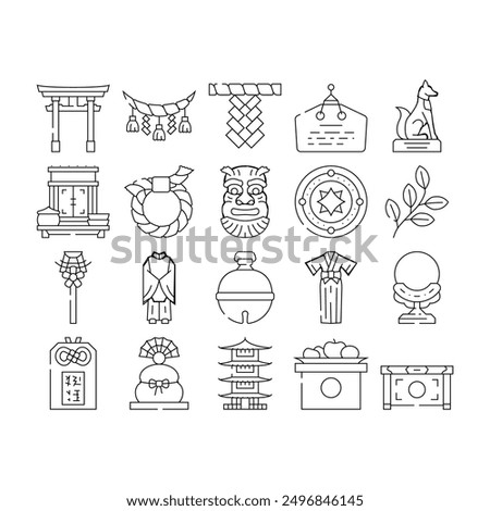 shinto japan shrine travel icons set vector. temple worship, asia architecture, religion religious, faith sintoism, japanese shinto japan shrine travel black contour illustrations