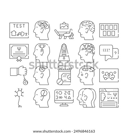 Psychologist Doctor Collection Icons Set Vector. Psychology Phobia And Luscher Test, Psychologist Cabinet Attributes And Diploma, Dialogue And Analysis Black Contour Illustrations