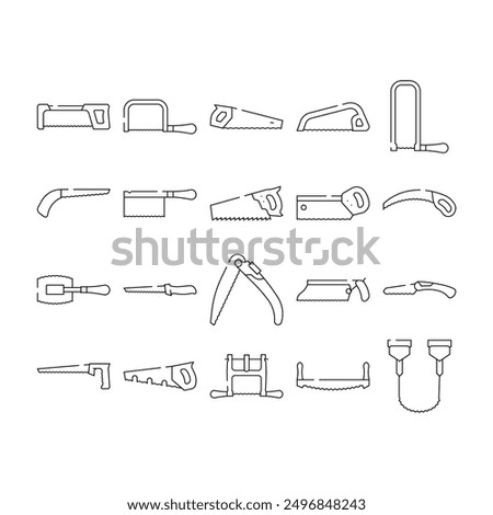 hand saw construction icons set vector. tool wood, carpentry blade, equipment handsaw, work metal, cut worker, carpenter hand saw construction black contour illustrations