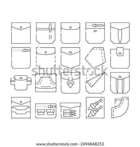 Patch Pocket Clothes Collection Icons Set Vector. Pocket With Clasp And Button For Storage Bullet And Knife, Credit Cards And Coins, Contour Illustrations