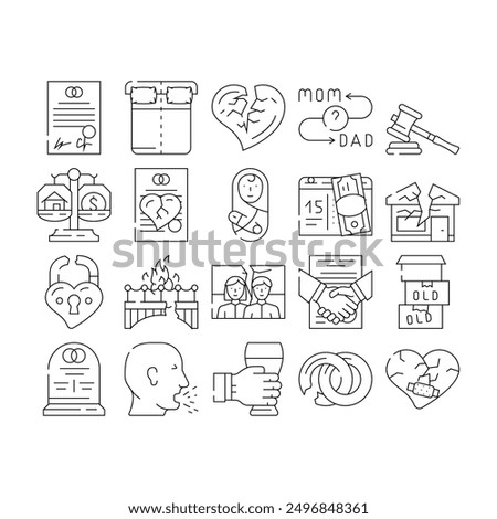 Divorce Couple Canceling Marriage Icons Set Vector. Family Problem Divorce And Payment Alimony, Broken Love Padlock And Crashed House, Property Division And Judge Trial Contour Illustrations