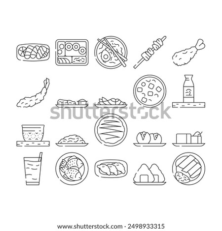 japanese food sushi japan icons set vector. sashimi asian menu, salmon dinner, delicious traditional, temaki roll, restaurant japanese food sushi japan black contour illustrations