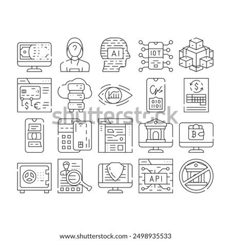 Financial Technology And Software Icons Set Vector. Api And Iot Finance Technology, Online Bank And Payment With Credit Card Pos Terminal, Money And Crypto Digital Currency Black Contour Illustrations