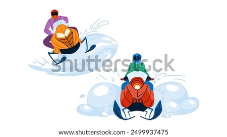 powder snowmobiling vector. adventure winter, sled speed, engine helmet powder snowmobiling character. people flat cartoon illustration