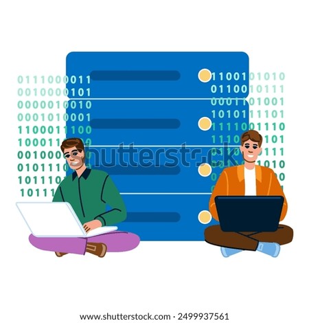 software coding database vector. code data, digital information, cyber web software coding database character. people flat cartoon illustration