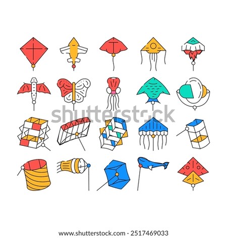 Flying Kite Children Funny Toy Icons Set Vector. Flying Kite In Airplane And Rocket Shape, Jellyfish And Fish Form, Stingray And Butterfly. Outdoor Game Enjoying color Contour Illustrations