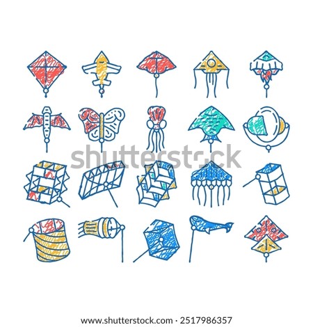 flying kite children funny toy doodle icons set vector. sketch line art flying kite in airplane and rocket shape, jellyfish and fish form, stingray and butterfly. outdoor game color illustrations