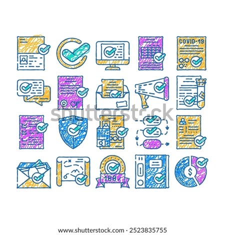 compliance quality procedure doodle icons set vector. sketch line art compliance passport and covid certificate, approval conversation and check list, cv and documentation color illustrations