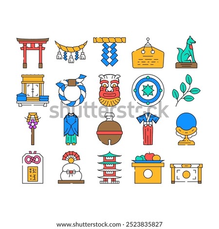 shinto japan shrine travel icons set vector. temple worship, asia architecture, religion religious, faith sintoism, japanese shinto japan shrine travel color Contour Illustrations