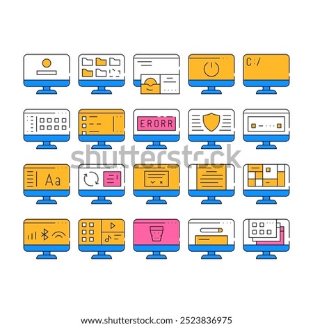 Operating System Pc Collection Icons Set Vector. Computer System Data Security And Error, Connection And Download, Media Files And Folders color Contour Illustrations