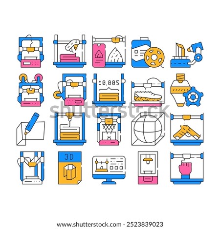 3d Printing Equipment Collection Icons Set Vector. 3d Printing Device And Scanner, Mobile Control And Monitor Settings, Details And Powder color Contour Illustrations